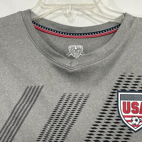 USA Soccer T Shirt Mens Small Grey Striker Brand Polyester Stretch Jersey Stripe - Picture 3 of 5